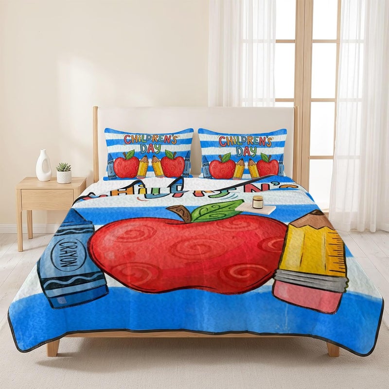 Closed & open space compatible King Quilt Set 96''x106'', Children's Day Summer Bedspread Coverlet Set with 2 Pillow Shams, Cartoon Pencil Watercolor Blue Striped Breathable All Season Quilt Bedding for Bedroom/Guest Room Ready varied options - Image 3