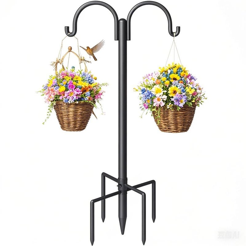 Surprizo Double Shepherds Hooks for Outdoor Heavy Duty Bird Feeder Pole with 5Prong Base RustProof Adjustable Bird Feeder Hanger for Garden Wedding Decor Hanging Plants - Image 2