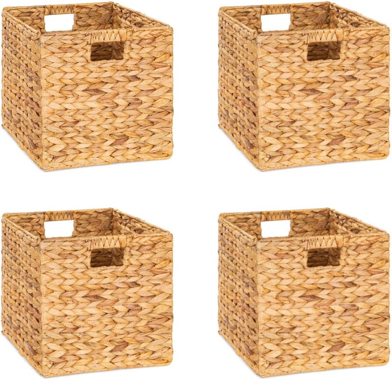 M4DECOR 12x12x12 Storage Cube, Water Hyacinth Storage Baskets, Wicker Storage Baskets for Shelves, Woven Baskets for Storage, Square Wicker Storage Basket for Bedroom, Living Room (4 Packs 12x12in) - Image 1