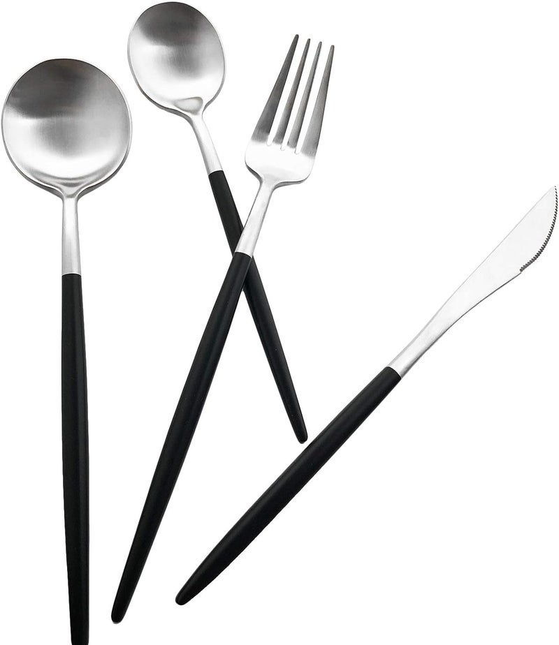 Uniturcky Matte Silverware Set 10Piece 1810 Stainless Steel Satin Finish Flatware Set Service for 2 Kitchen Utensil Set Tableware Cutlery Set for Home Restaurant Black Handle Silver 10Piece - Image 3