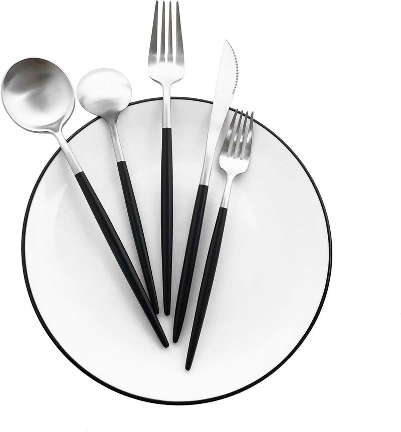 Uniturcky Matte Silverware Set 10Piece 1810 Stainless Steel Satin Finish Flatware Set Service for 2 Kitchen Utensil Set Tableware Cutlery Set for Home Restaurant Black Handle Silver 10Piece - Image 2