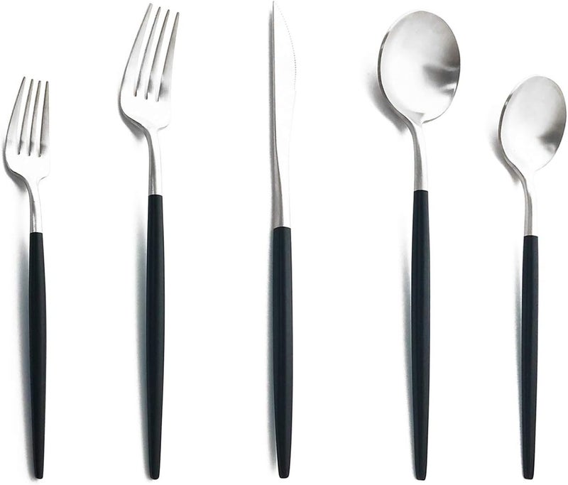 Uniturcky Matte Silverware Set 10Piece 1810 Stainless Steel Satin Finish Flatware Set Service for 2 Kitchen Utensil Set Tableware Cutlery Set for Home Restaurant Black Handle Silver 10Piece - Image 1