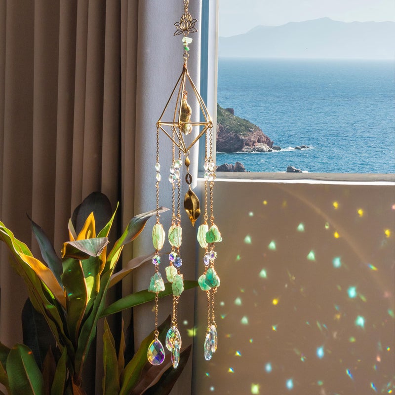 Dreamsum Green Fluorite Crystal Suncatcher, Dreamsum Window Hanging Pendant Glass Prisms Decor Wind Chime Rainbow Sun Catcher for Home Garden Porch to Lover Parents Friends - Image 1