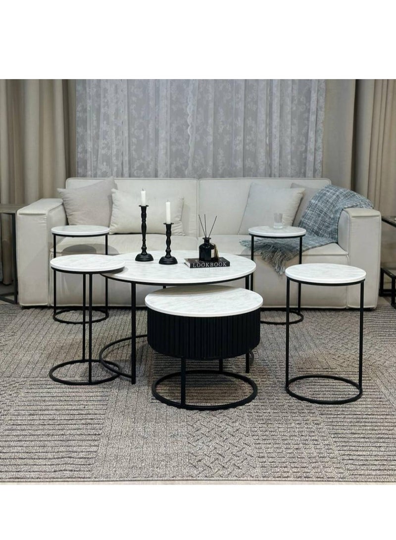 l'elefante 6-Piece Nesting Table Set – 2 Round Coffee Tables + 4 Side Tables – Scratch & Moisture-Resistant MDF Wooden Tops & Powder-Coated Iron Base – Pre-Assembled Modern Tables for Majlis, Living Room, Lounge – Made in Saudi Arabia