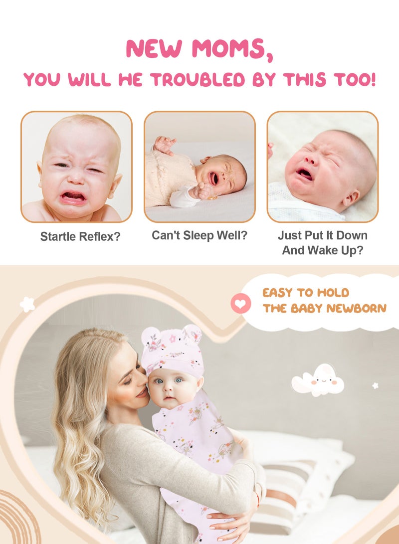 Baby Swaddle Sleep Sack with Hat Set for 0-3 Months 3-Pack Soft Cotton Newborn Wearable Swaddle Wrap for Girls Boys (Pink rabbit + magic baby + pink bear)