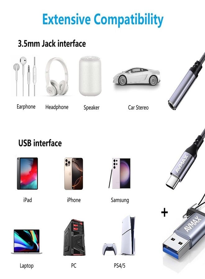 AVMAX USB C to 3.5mm Audio Headphone Adapter,Type c to Aux Female Cable for iPhone 16 15 Plus Pro Max iPad, S24 S23 S22 S21 S20 Ultra Pixel MacBook and More Type c Devices (Gray) - Image 2