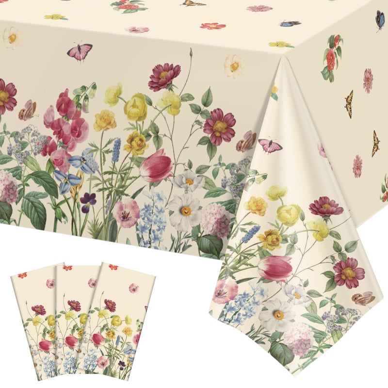 NatNarr 3 Pack Spring Floral Plastic Tablecloths, 54Ã—108Inch Tea Party Tablecloth Rectangle Vintage Table Cloth Butterfly Wildflower Porcelain Table Decor for Easter Mother's Day Birthday Garden Wedding - Image 1