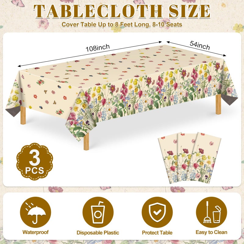 NatNarr 3 Pack Spring Floral Plastic Tablecloths, 54Ã—108Inch Tea Party Tablecloth Rectangle Vintage Table Cloth Butterfly Wildflower Porcelain Table Decor for Easter Mother's Day Birthday Garden Wedding - Image 2