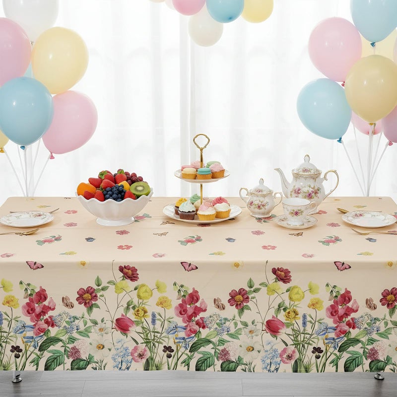 NatNarr 3 Pack Spring Floral Plastic Tablecloths, 54Ã—108Inch Tea Party Tablecloth Rectangle Vintage Table Cloth Butterfly Wildflower Porcelain Table Decor for Easter Mother's Day Birthday Garden Wedding - Image 3