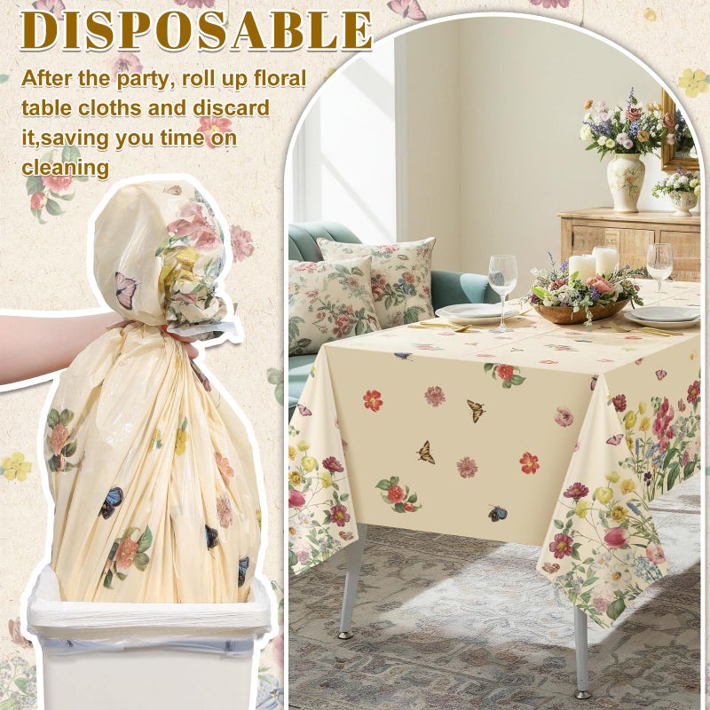 NatNarr 3 Pack Spring Floral Plastic Tablecloths, 54Ã—108Inch Tea Party Tablecloth Rectangle Vintage Table Cloth Butterfly Wildflower Porcelain Table Decor for Easter Mother's Day Birthday Garden Wedding - Image 5