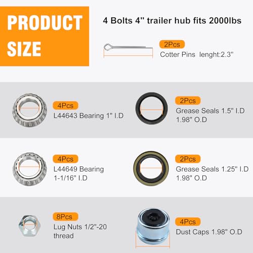 Saree 2 Sets 4 Lug Trailer Hub Kit for 2000 Lbs,4×4" Trailer Hub fit 1" and 1"-1/16" Trailer Axles,Trailer Hub 4 Lug,4 Lug Trailer Hub Assembly,Boat Trailer Hubs 4 Lug - Image 3