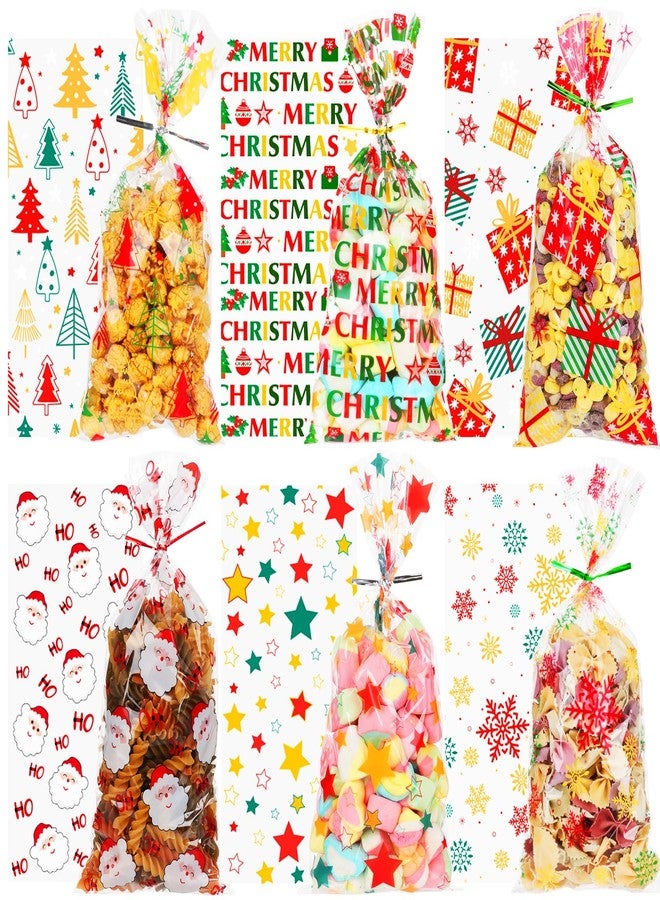 PPRAFDD 180 PCS 5"x11" Christmas Cellophane Treat Bags with Colorful Twist Ties 6 Styles Clear Xmas Candy Cookie Goodie Cello Gift Bags for Winter Christmas Theme Party Favors - Image 1