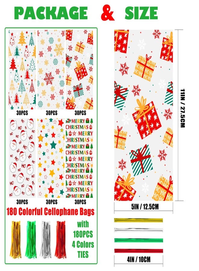 PPRAFDD 180 PCS 5"x11" Christmas Cellophane Treat Bags with Colorful Twist Ties 6 Styles Clear Xmas Candy Cookie Goodie Cello Gift Bags for Winter Christmas Theme Party Favors - Image 3