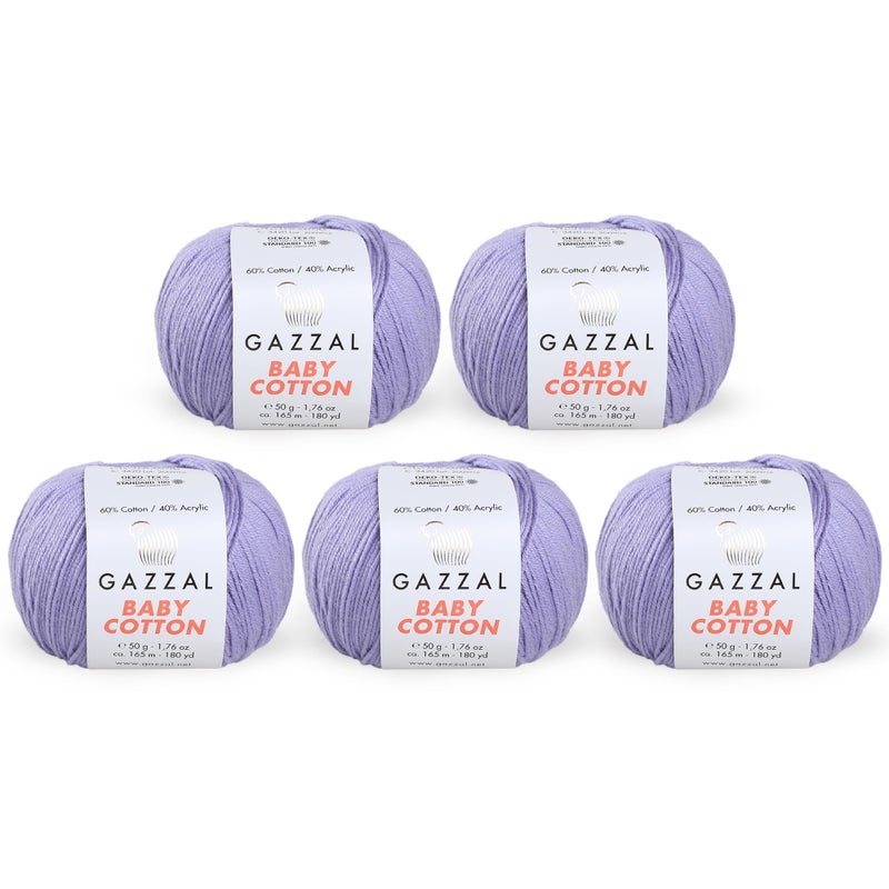 Gazzal حزمة 5 خيوط إجمالي 88 أونصة غازال قطن الأطفال كل 176 أونصة 50 جرام 150 ياردة 165 متر خيوط أطفال ناعمة 60 قطن ليلك 3420