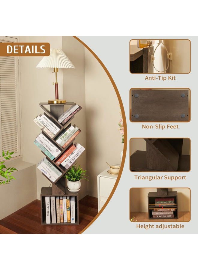 FredCache 7 Tier Tree Book shelf, Small Bookcase with Reading Planner and Activity Panel, Modern Floor Standing Corner Tall Narrow Storage Cabinet Bookshelves for Home Office, Bedroom, Living Room (Gray) - Image 5