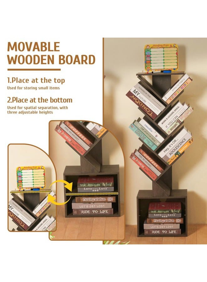 FredCache 7 Tier Tree Book shelf, Small Bookcase with Reading Planner and Activity Panel, Modern Floor Standing Corner Tall Narrow Storage Cabinet Bookshelves for Home Office, Bedroom, Living Room (Gray) - Image 2