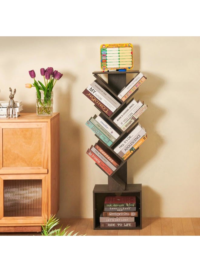 FredCache 7 Tier Tree Book shelf, Small Bookcase with Reading Planner and Activity Panel, Modern Floor Standing Corner Tall Narrow Storage Cabinet Bookshelves for Home Office, Bedroom, Living Room (Gray) - Image 1