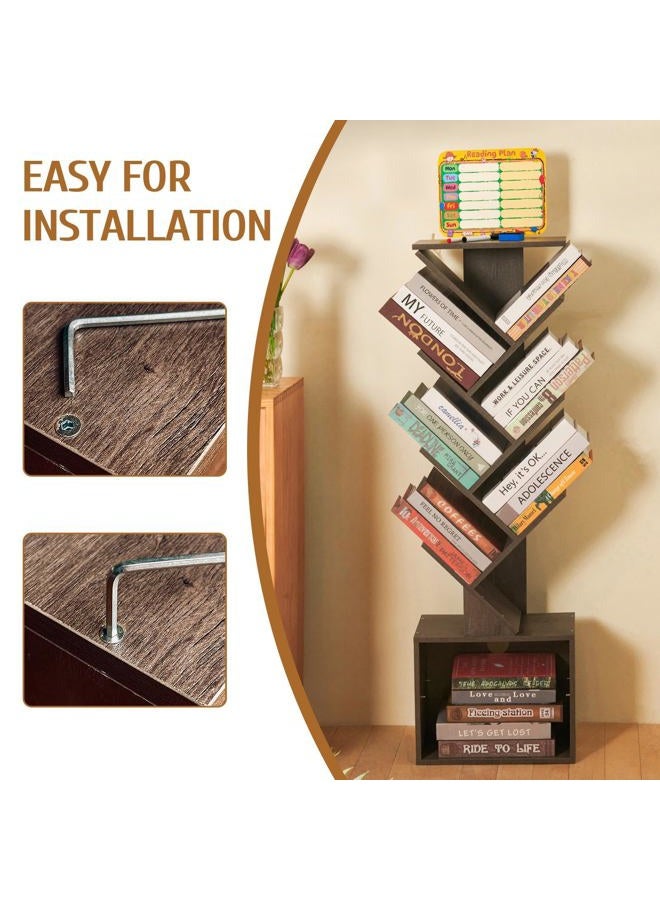 FredCache 7 Tier Tree Book shelf, Small Bookcase with Reading Planner and Activity Panel, Modern Floor Standing Corner Tall Narrow Storage Cabinet Bookshelves for Home Office, Bedroom, Living Room (Gray) - Image 4