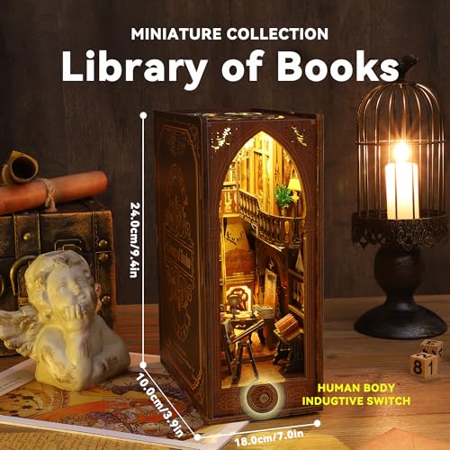 Flever Dollhouse DIY Book Nook Miniature Kit DIY Booknook Bookshelf Insert Decor 3D Wooden Booknook Miniature Kit for Creative Assembled Bookends Library of Book - Image 5