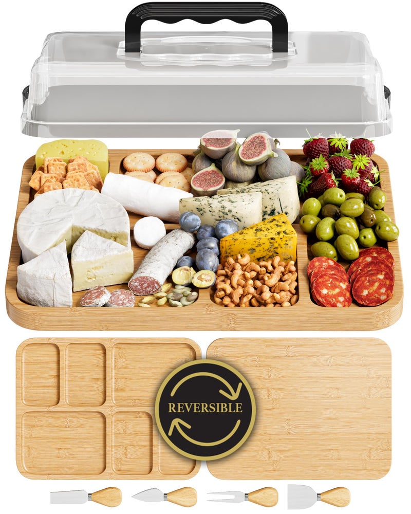 Trayful Charcuterie Board with Lid - Reversible, 2-in-1 Travel Portable Cheese Board for Picnics & Entertaining - Housewarming Gift Set Idea - Covered Snack Serving Tray - Large Food Platter - Image 1