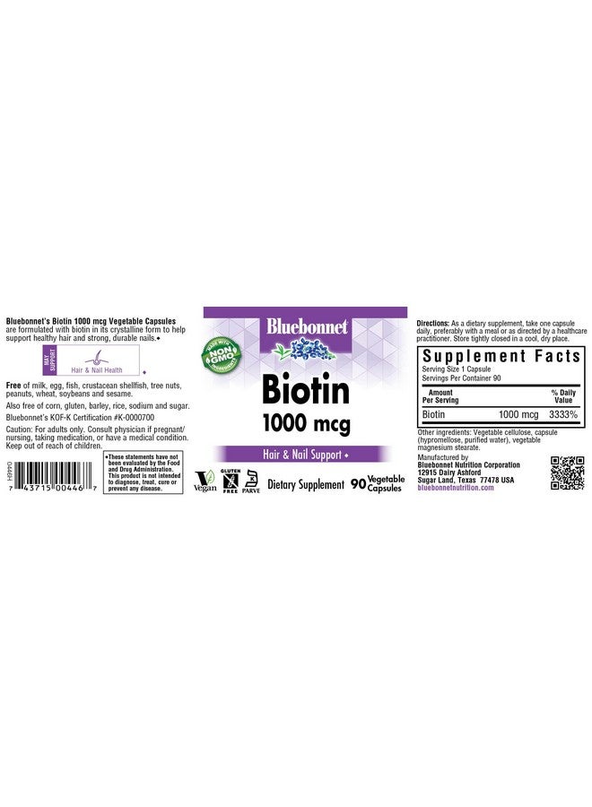 بلو بونيه كبسولات نباتية من Bluebonnet Nutrition Biotin 1000 Mcg، البيوتين هو فيتامين ب الذي يساعد في صنع الكيراتين، نباتي، غير معدّل وراثيًا، خالٍ من الغلوتين، خالٍ من الصويا، خالٍ من الحليب، كوشير، كبسولات نباتية، 90 كبسولة - Image 2