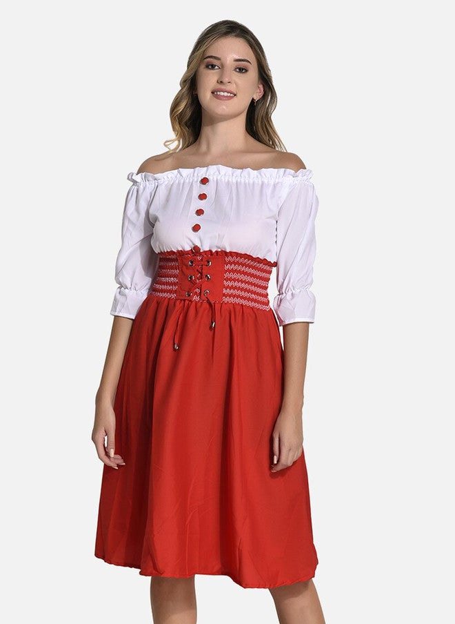 FIMS فستان فلاش ملون بأكتاف مكشوفة وأكمام ثلاثة أرباع بتصميم ضيق ومتسع - Image 1