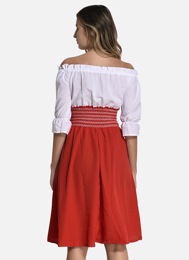 FIMS فستان فلاش ملون بأكتاف مكشوفة وأكمام ثلاثة أرباع بتصميم ضيق ومتسع - Image 4