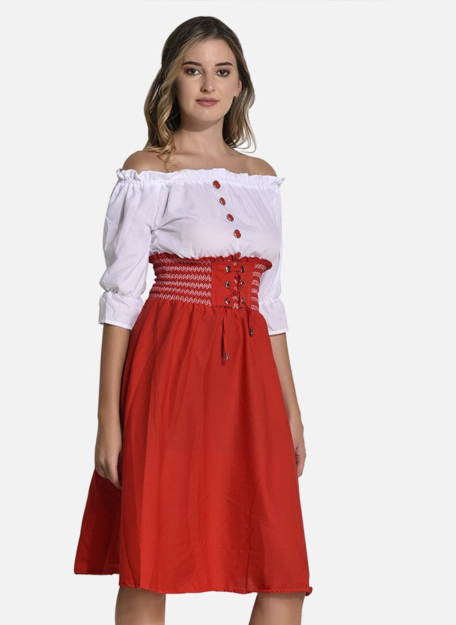 FIMS فستان فلاش ملون بأكتاف مكشوفة وأكمام ثلاثة أرباع بتصميم ضيق ومتسع - Image 3