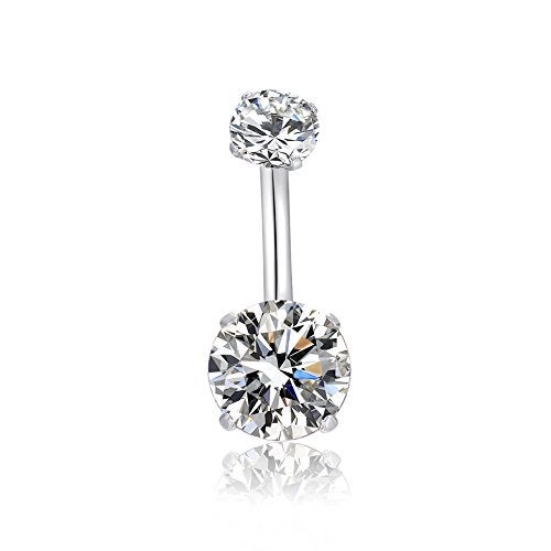 HQLA 14G Belly Button Rings Surgical Stainless Steel Round Cubic Zirconia Navel Barbell Stud Body Piercing (Clear) - Image 1
