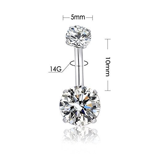 HQLA 14G Belly Button Rings Surgical Stainless Steel Round Cubic Zirconia Navel Barbell Stud Body Piercing (Clear) - Image 2