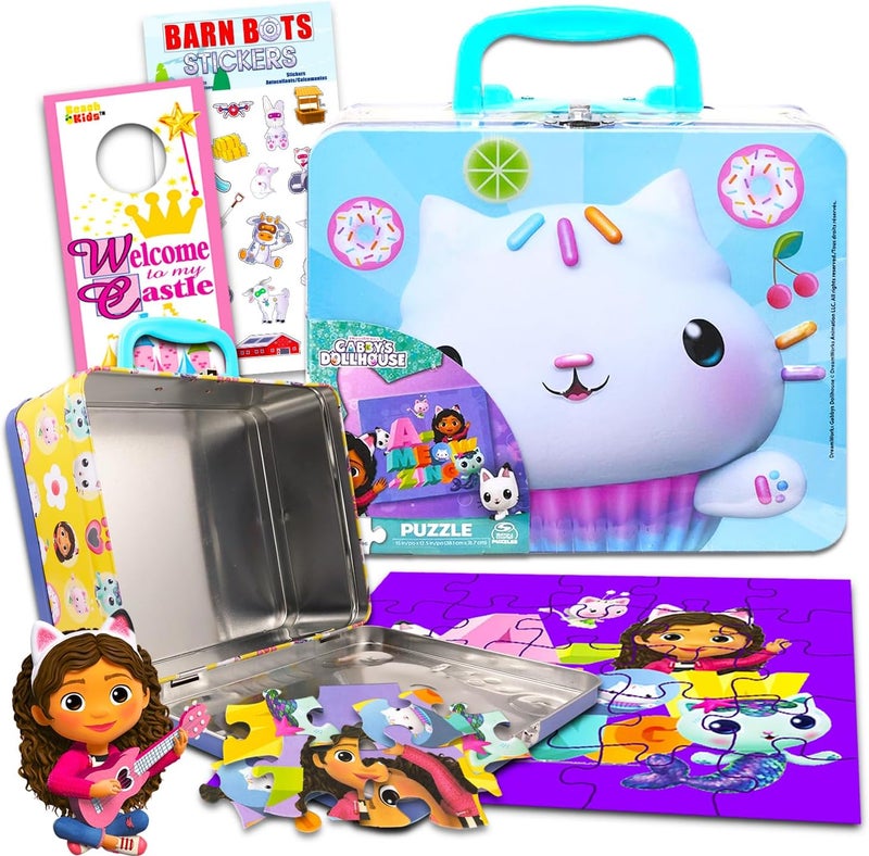 DreamWorks Gabbys Dollhouse Lunch Box  Puzzle Set  Tin Lunch Box 24Piece Puzzle Stickers Door Hanger - Image 1