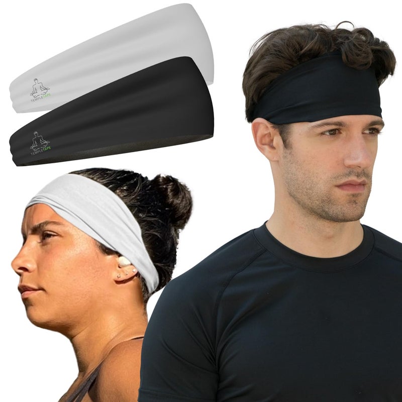 Temple Tape Mens Headband Guys Sports Headbands Moisture Wicking Workout Sweatbands for Running CrossTrain Skiing and Bike Helmet Friendly Value Pack 1Black 1White Sweatbands - Image 2