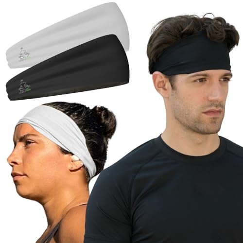 Temple Tape Mens Headband Guys Sports Headbands Moisture Wicking Workout Sweatbands for Running CrossTrain Skiing and Bike Helmet Friendly Value Pack 1Black 1White Sweatbands - Image 1