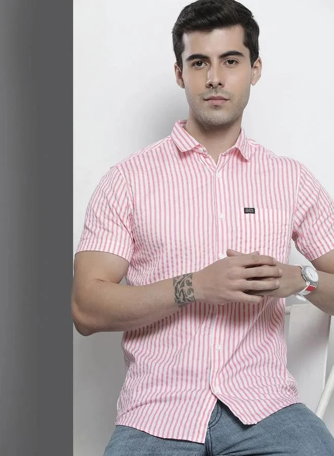 Men Slim Fit Striped Spread Collar Casual Shirt