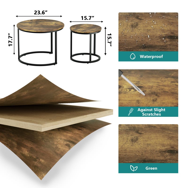 Smuxee Nesting Coffee Table Set of 2, 23.6" Round Coffee Table Rustic Wood Top with Adjustable Non-Slip Feet, Industrial End Table Side Tables for Living Room Bedroom Balcony Yard - Image 3