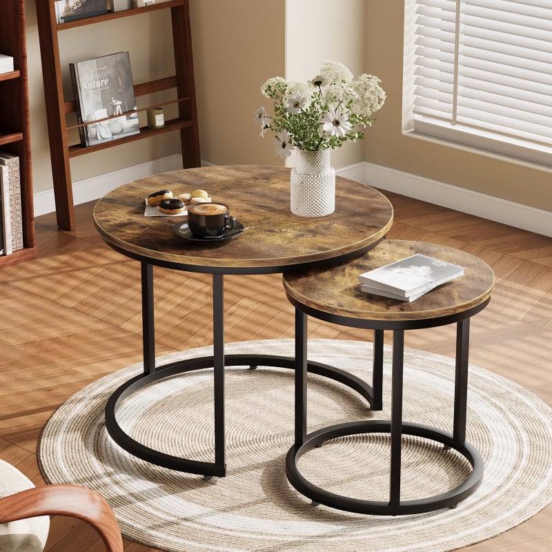 Smuxee Nesting Coffee Table Set of 2, 23.6" Round Coffee Table Rustic Wood Top with Adjustable Non-Slip Feet, Industrial End Table Side Tables for Living Room Bedroom Balcony Yard - Image 2