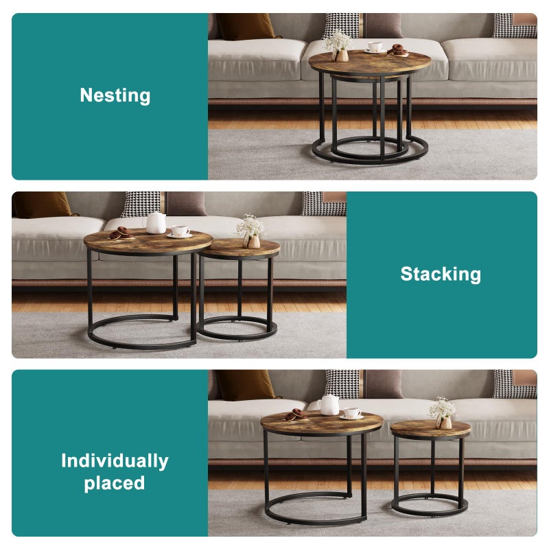 Smuxee Nesting Coffee Table Set of 2, 23.6" Round Coffee Table Rustic Wood Top with Adjustable Non-Slip Feet, Industrial End Table Side Tables for Living Room Bedroom Balcony Yard - Image 5