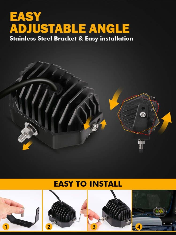 Auxbeam أضواء ضبابية أمبر بحجم 4 إنش من أوكسبيم، 60 واط مربع مع عدسة LED صفراء 5050 للقيادة على الطرق الوعرة لجيف، دراجات نارية، سيارات SUV، شاحنات، قوارب (2 قطع)  - Image 5
