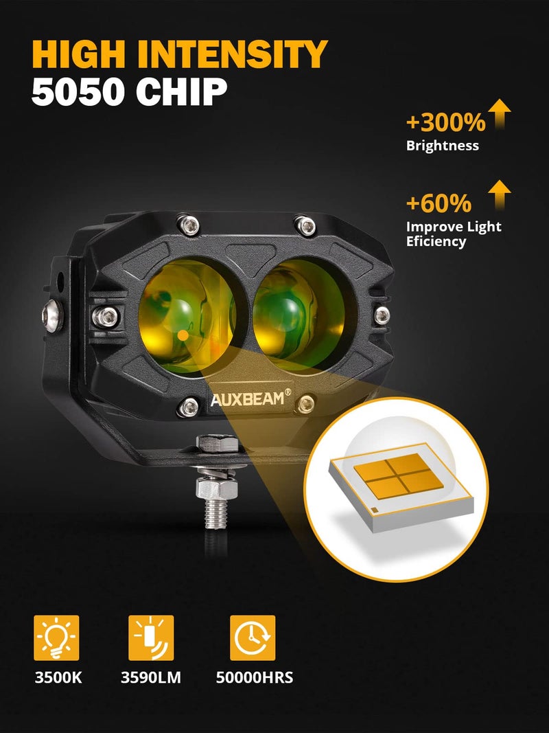 Auxbeam أضواء ضبابية أمبر بحجم 4 إنش من أوكسبيم، 60 واط مربع مع عدسة LED صفراء 5050 للقيادة على الطرق الوعرة لجيف، دراجات نارية، سيارات SUV، شاحنات، قوارب (2 قطع)  - Image 3