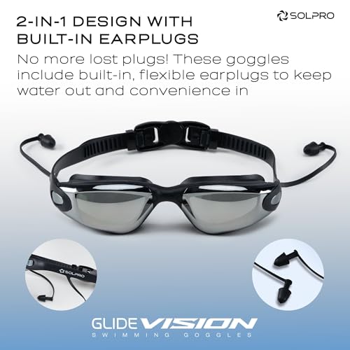 Solpro Glide Vision Unisex Adult Swimming Goggles for Women,Men,Boys,Girls,Teenagers,Athletes,Swimmers|2 in 1 with Built In Earplugs for Training,Competition in Pool,Beach,Water Sport,Activties(Black) - Image 3