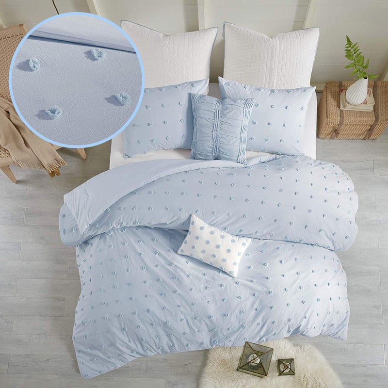 Intelligent Design Matching Shams Decorative Pillows Cotton Comforter SetJacquard Tufts Pompom Design All Season Bedding FullQueen 88 in x 92 in Blue 7 Piece