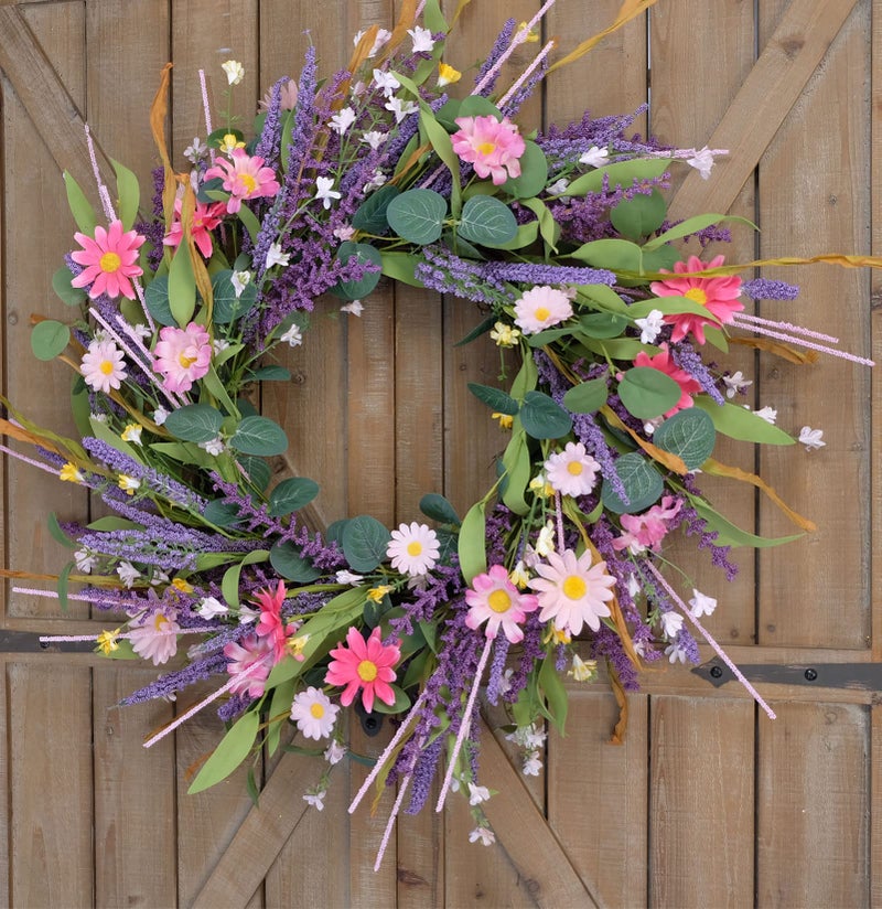 CIR OASES 22inch Artificial Spring Summer Wreath Lavender with Colorful Flowers,Green Leaves for Front Door Home Wall Party Decor - Image 3