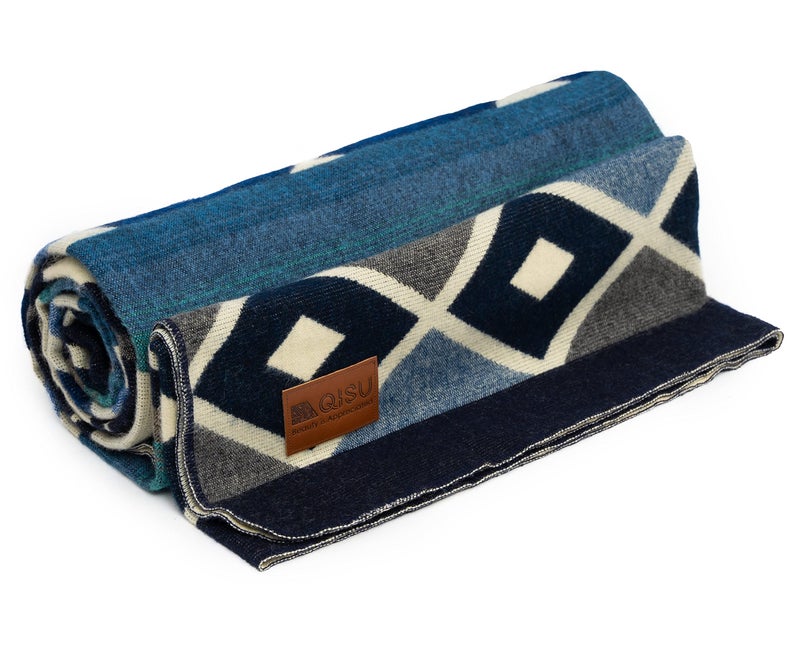 QISU Wool Blanket Throw | Large, Beautiful, Warm, Soft, Handmade in Ecuador by Local Artisans |94″ x 78″| Ultra-Soft, Hypoallergenic & Breathable | Non-Itchy or Scratchy Fabric (Blue Pyramid) - Image 1