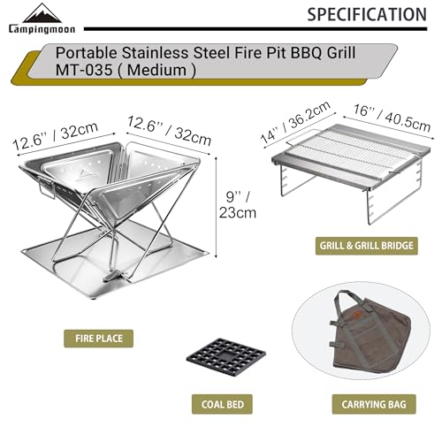 camping moon CAMPINGMOON 3-in-1 Portable Stainless Steel Wood Burning Grill and Fire Pit 14x15.35-inch with Carrying Bag MT-035 - Image 3