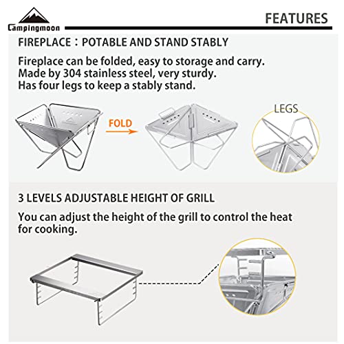 camping moon CAMPINGMOON 3-in-1 Portable Stainless Steel Wood Burning Grill and Fire Pit 14x15.35-inch with Carrying Bag MT-035 - Image 5