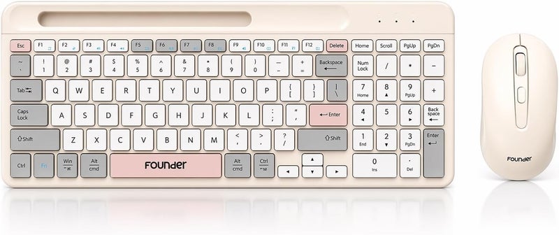 Founder KN500 Wireless Keyboard & Mouse Combo 2.4GHz (Share USB Receiver) With Mobile Holder- Arabic/English Chocolate Slim Keys –1600DPI - For Android & Win | (Beige) - Image 1