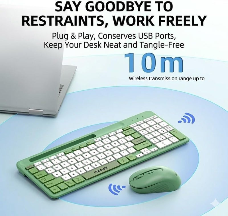 Founder KN500 Wireless Keyboard & Mouse Combo 2.4GHz (Share USB Receiver) With Mobile Holder- Arabic/English Chocolate Slim Keys –1600DPI - For Android & Win | (Beige) - Image 2
