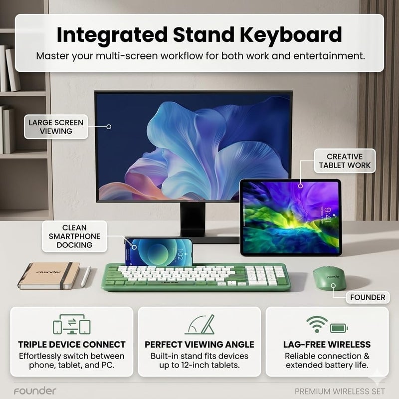 Founder KN500 Wireless Keyboard & Mouse Combo 2.4GHz (Share USB Receiver) With Mobile Holder- Arabic/English Chocolate Slim Keys –1600DPI - For Android & Win | (Beige) - Image 5