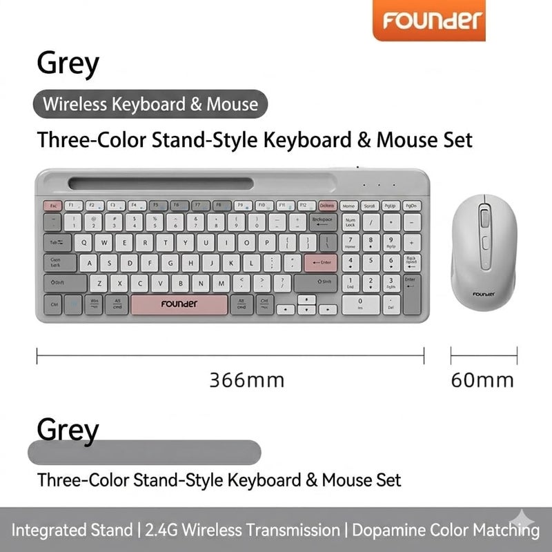 Founder KN500 Wireless Keyboard & Mouse Combo 2.4GHz (Share USB Receiver) With Mobile Holder- Arabic/English Chocolate Slim Keys –1600DPI - For Android & Win | (Beige) - Image 4
