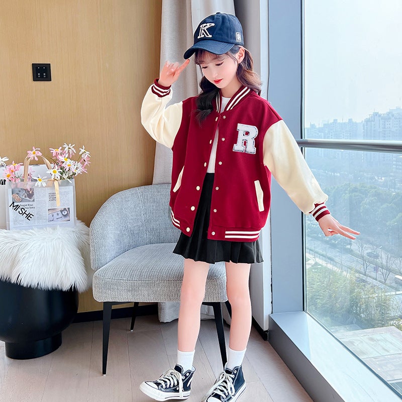 Autumn and Winter 2025 New Boys and Girls Western Style Internet Popular Fashionable Top Big Childrens Spring Baseball Suit Jacket Red  - Image 1
